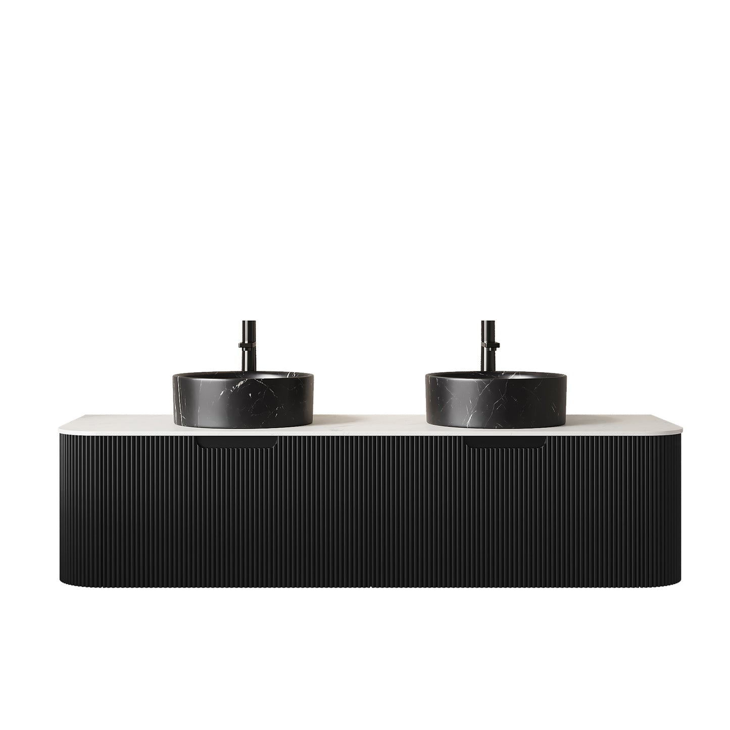DINA 60" Bathroom Vanity&Sinks, Floating Curved Edges Striped Storage Cabinet with 2 Drawers, 2 Stone Black Round Ceramic Basins&Carrara White Sintered Stone Top, Pre-assembled, Black Color