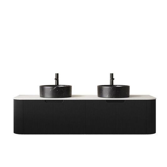 DINA 60" Bathroom Vanity&Sinks, Floating Curved Edges Striped Storage Cabinet with 2 Drawers, 2 Stone Black Round Ceramic Basins&Carrara White Sintered Stone Top, Pre-assembled, Black Color