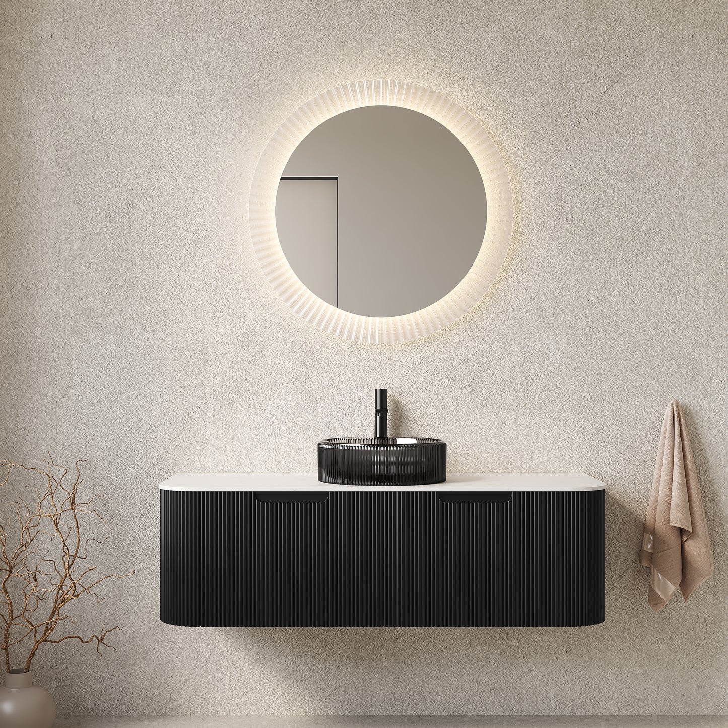 DINA 24" Bathroom Vanity with Sink, Wall-Mounted Curved Edges Striped Storage Cabinet with Drawer, Transparent Black Round Glass Basin and Countertop, Pre-assembled, Black Color