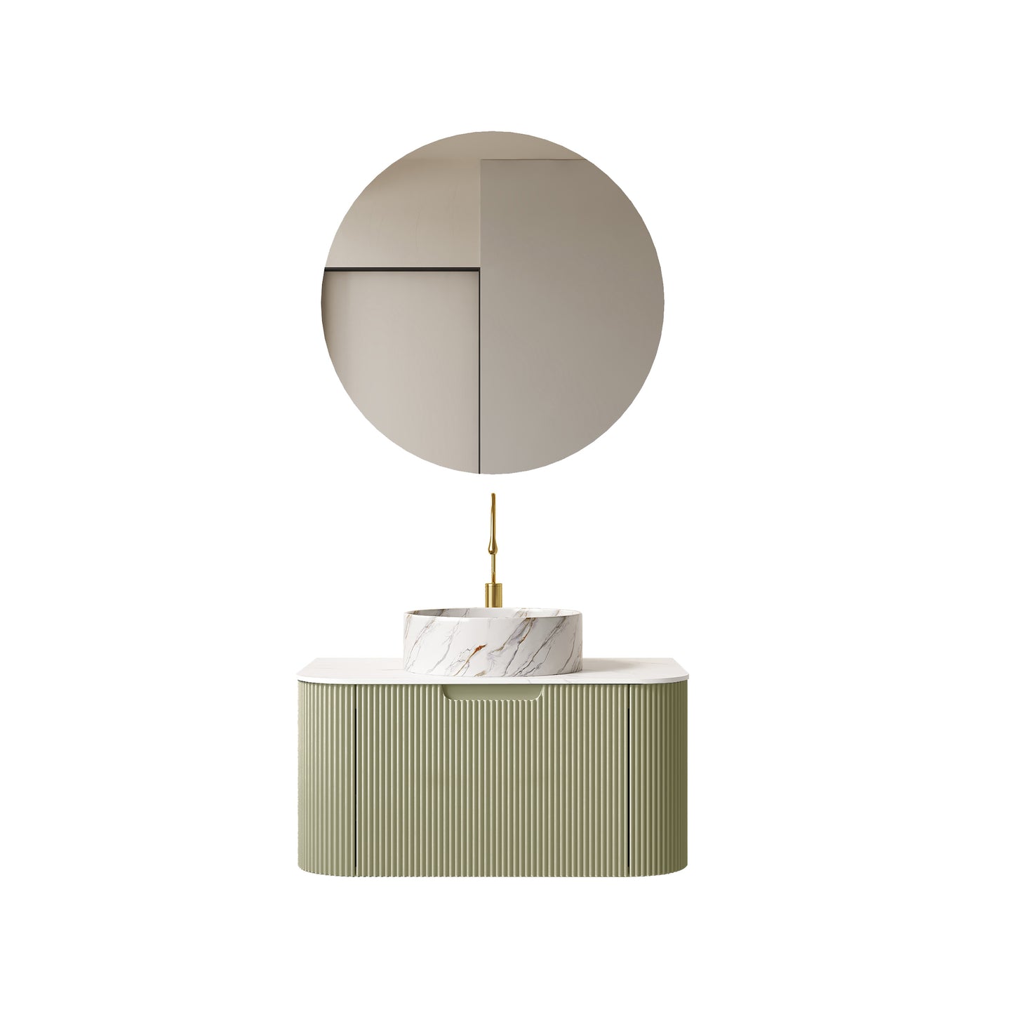 DINA 24" Bathroom Vanity with Sink, Wall-Mounted Floating Curved Edges Striped Bathroom Storage Cabinet with Drawer, White Round Ceramic Basin with Stone Pattern, Pre-assembled, Light Green Color