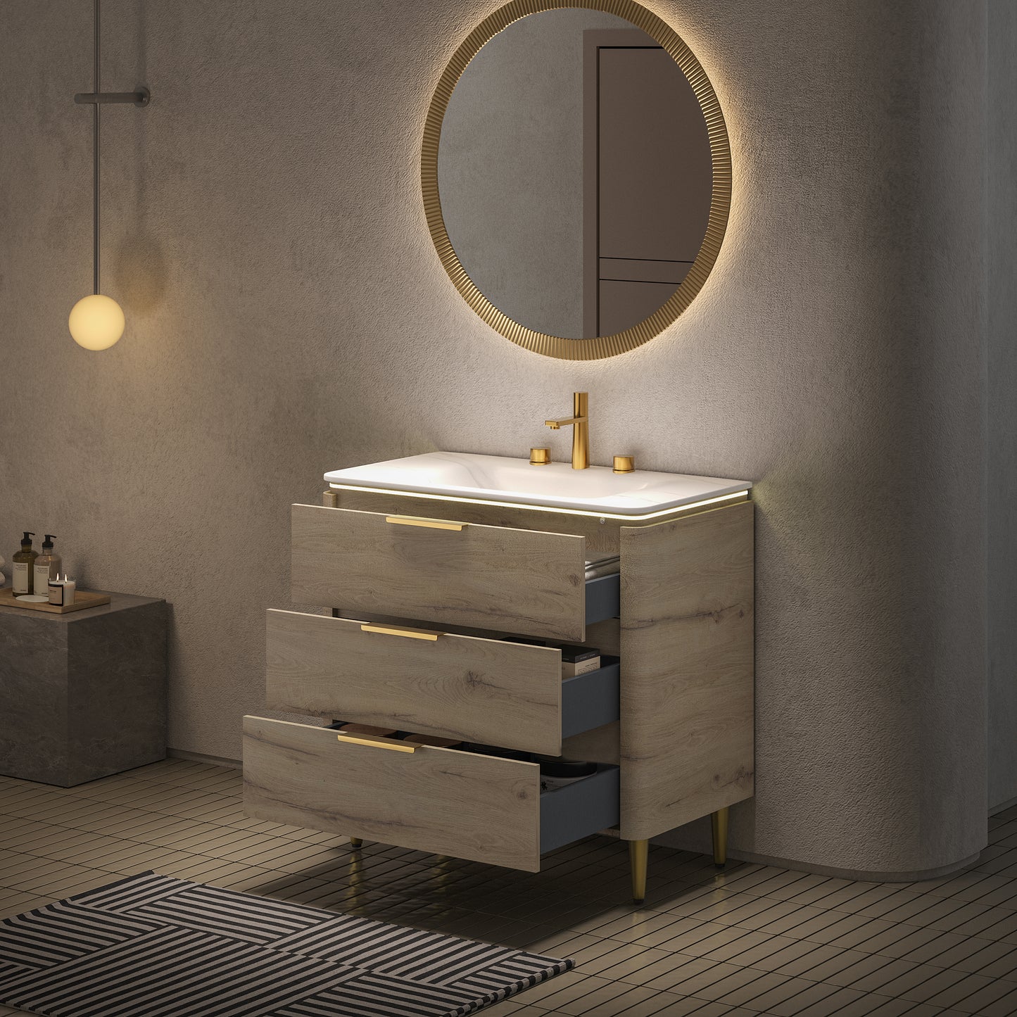 AMARA 36'' Bathroom Vanity with Sink, Freestanding Curved Edges Plywood Bathroom Storage Cabinet with 3 Drawers, Carrara White Sintered Stone Integrated Basin,