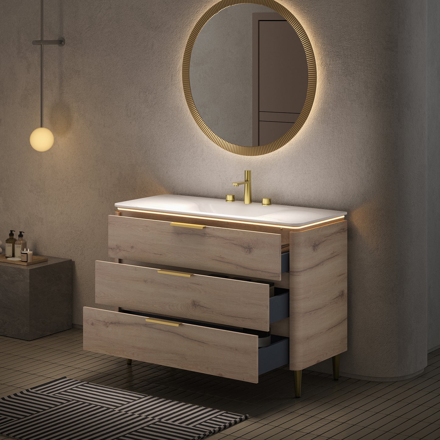 AMARA 36'' Bathroom Vanity with Sink, Freestanding Curved Edges Plywood Bathroom Storage Cabinet with 3 Drawers, Carrara White Sintered Stone Integrated Basin,