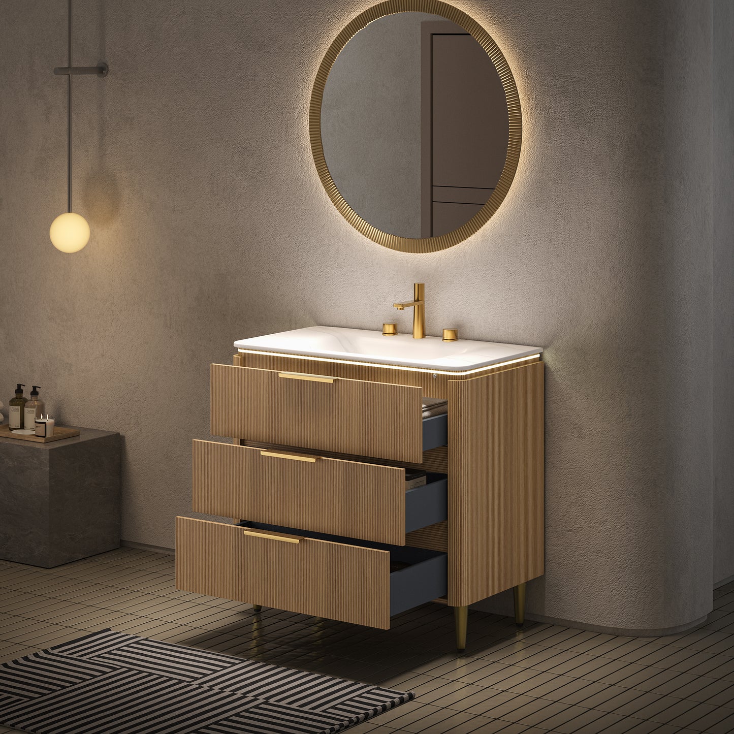 AMARA 36'' Bathroom Vanity&Sink, Freestanding Curved Edges Ultra-Slim Grille Plywood Storage Cabinet, 3 Drawers, Carrara White Sintered Stone Integrated Basin