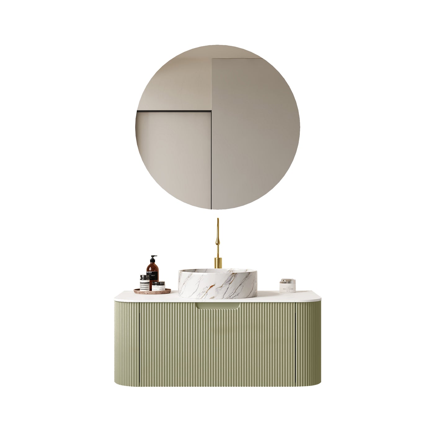 DINA 24" Bathroom Vanity with Sink, Wall-Mounted Floating Curved Edges Striped Bathroom Storage Cabinet with Drawer, White Round Ceramic Basin with Stone Pattern, Pre-assembled, Light Green Color
