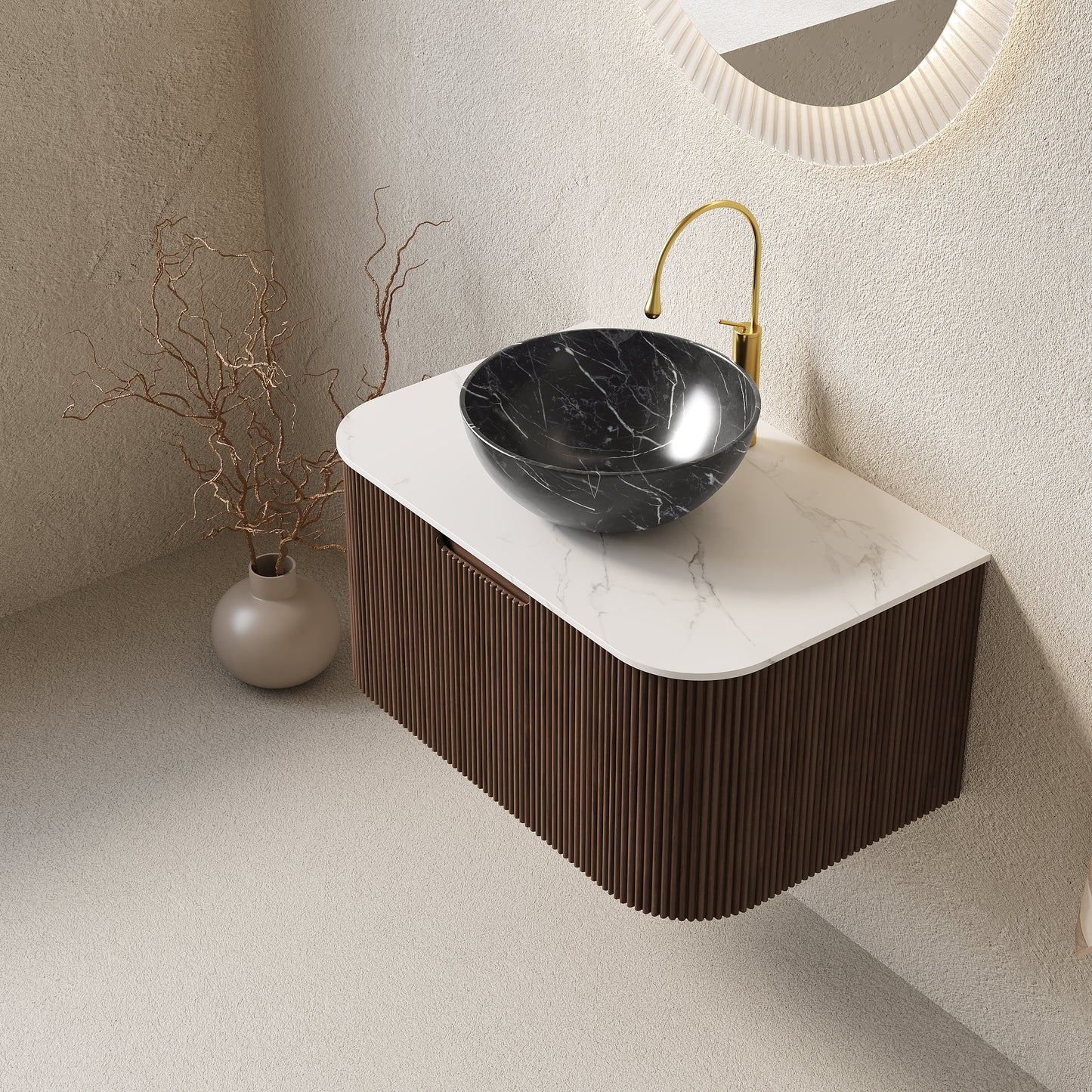 DINA Bathroom Vanity with Sink, Wall-Mounted Curved Edges Striped Bathroom Storage Cabinet Walnut Woodgrain Color