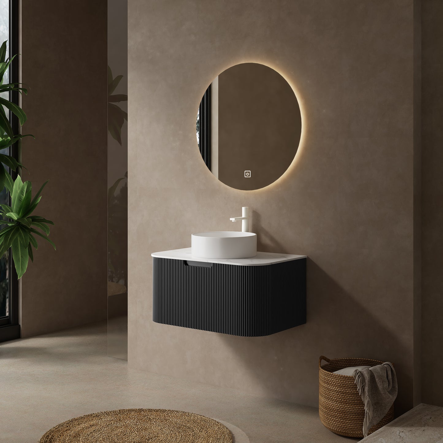 DINA Bathroom Vanity with Sink, Wall-Mounted Curved Edges Striped Storage Cabinet Black Color