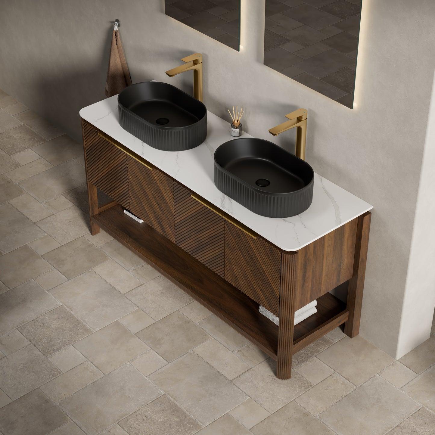 INDIGO 36" Bathroom Vanity&Sink, Freestanding Plywood Storage Cabinet with 2 Diagonal Striped Doors&Open Shelf, Black Striped Oval Ceramic Basin&Carrara White Sintered Stone Top, Dark Walnut Woodgrain