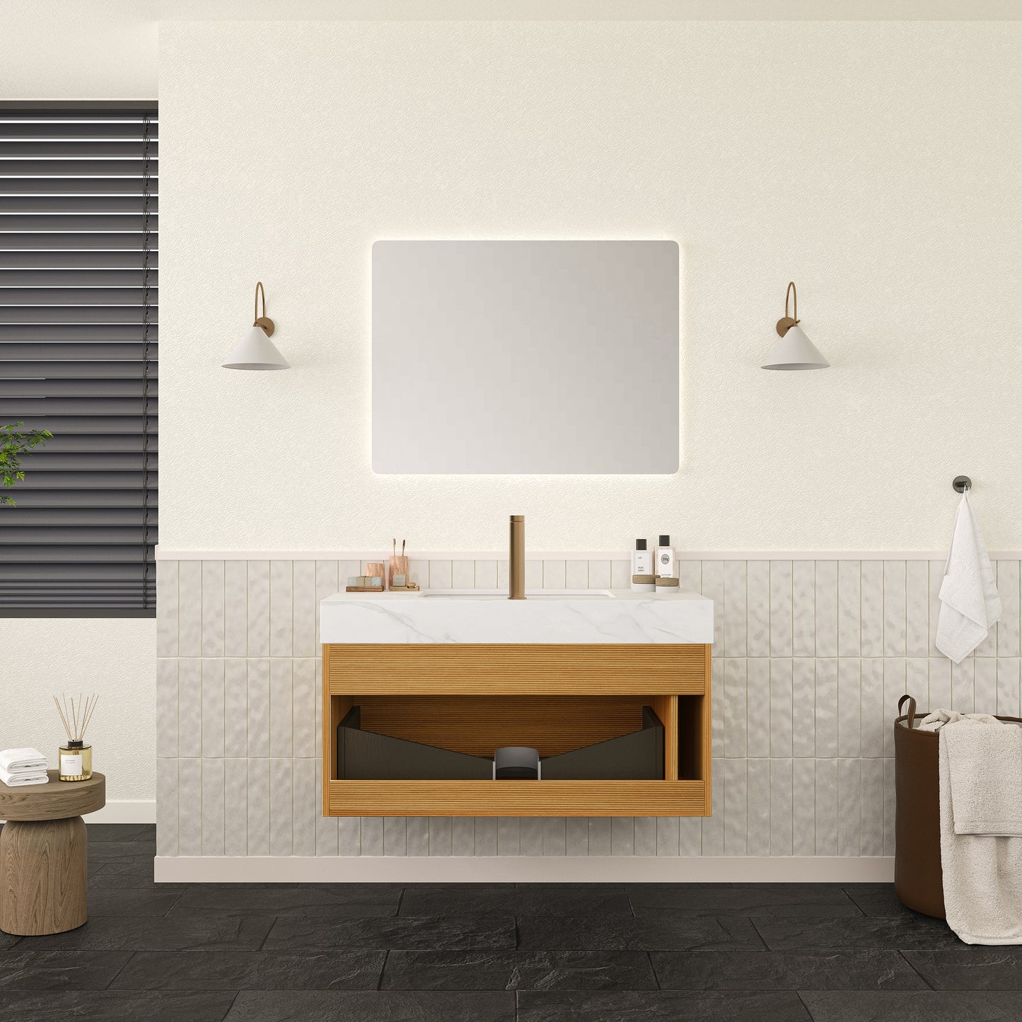 NYAH 60'' Bathroom Vanity&Sinks, Floating Ultra-Slim Grille Plywood Storage Cabinet, Carrara White
