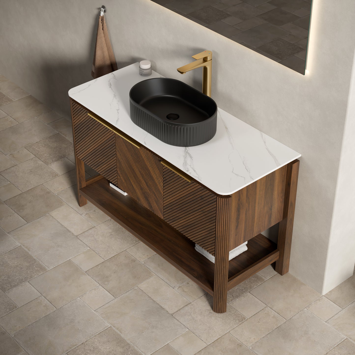 INDIGO 36" Bathroom Vanity&Sink, Freestanding Plywood Storage Cabinet with 2 Diagonal Striped Doors&Open Shelf, Black Striped Oval Ceramic Basin&Carrara White Sintered Stone Top, Dark Walnut Woodgrain