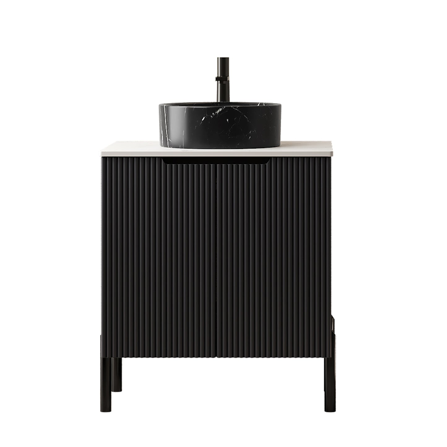 TURIO 24" Bathroom Vanity with Sink, Freestanding Bathroom Storage Cabinet with 2 Doors, Transparent Black Round Glass Basin and Carrara White Sintered Stone Countertop, No Faucet, Black Color