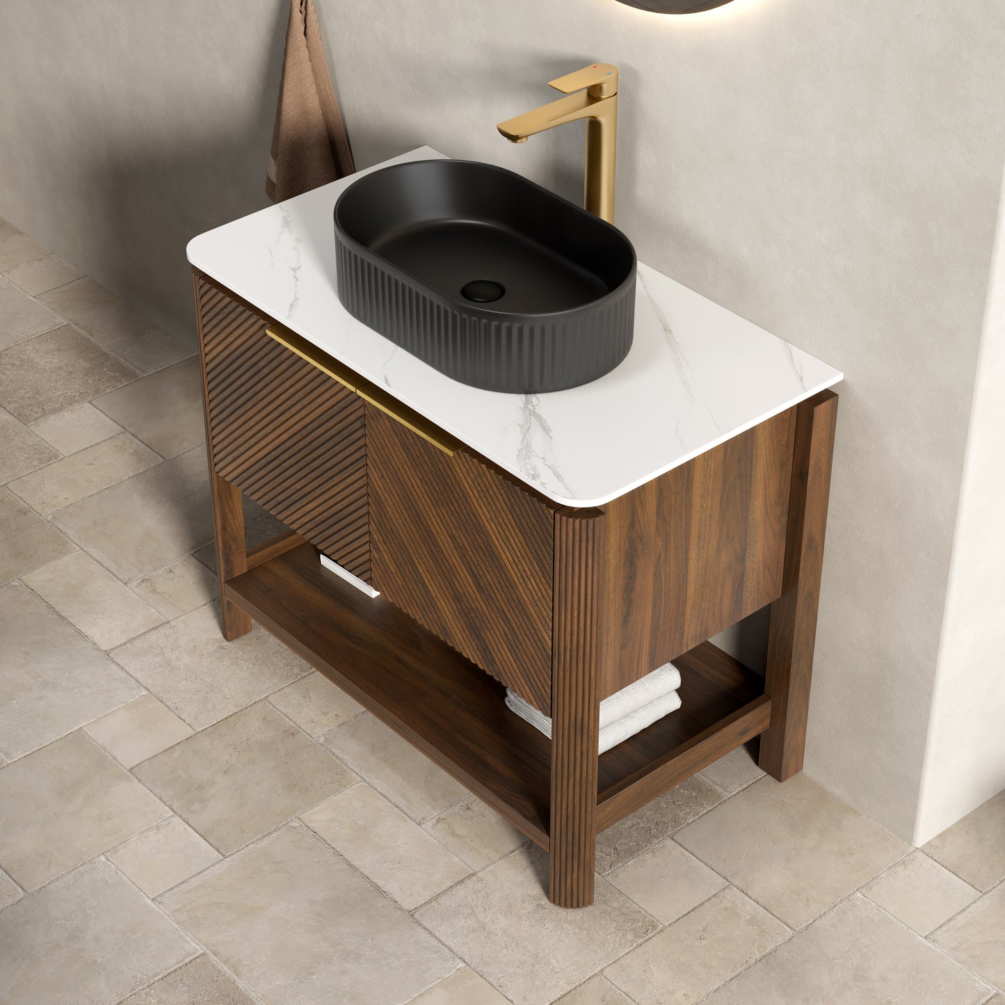 INDIGO 36" Bathroom Vanity&Sink, Freestanding Plywood Storage Cabinet with 2 Diagonal Striped Doors&Open Shelf, Black Striped Oval Ceramic Basin&Carrara White Sintered Stone Top, Dark Walnut Woodgrain