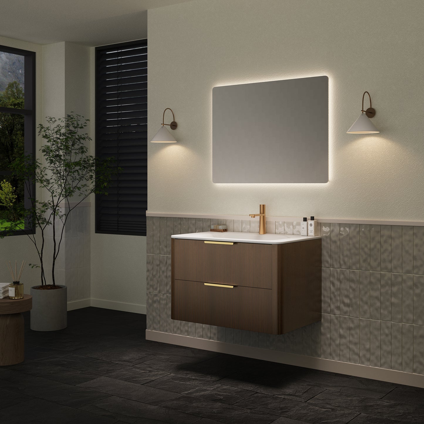 ZANE 30 Badezimmer-Waschtisch mit Waschbecken, schwebender Aufbewahrungsschrank aus Sperrholz mit ultra-Nadelstreifen und Schubladen, italienische Walnussholzmaserung