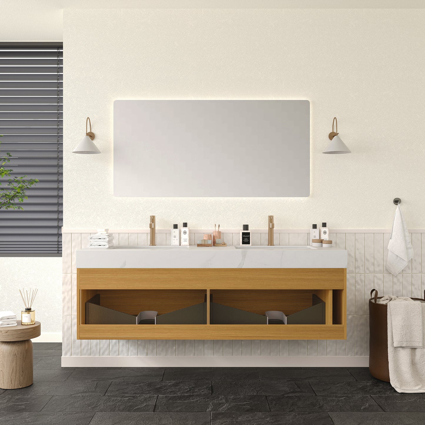 NYAH 60'' Bathroom Vanity&Sinks, Floating Ultra-Slim Grille Plywood Storage Cabinet, Carrara White