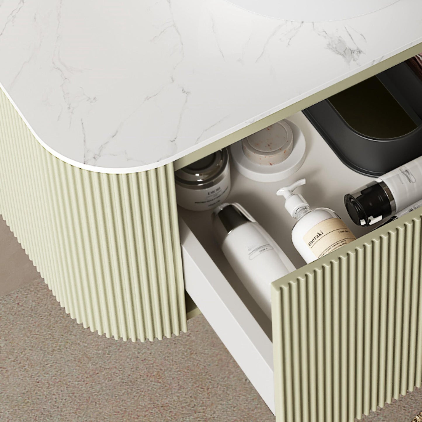 DINA 24" Bathroom Vanity with Sink, Wall-Mounted Floating Curved Edges Striped Bathroom Storage Cabinet with Drawer, White Round Ceramic Basin with Stone Pattern, Pre-assembled, Light Green Color
