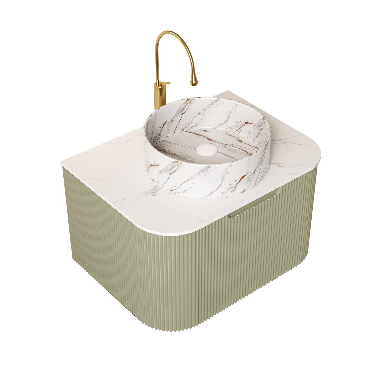 DINA 24" Bathroom Vanity with Sink, Wall-Mounted Floating Curved Edges Striped Bathroom Storage Cabinet with Drawer, White Round Ceramic Basin with Stone Pattern, Pre-assembled, Light Green Color