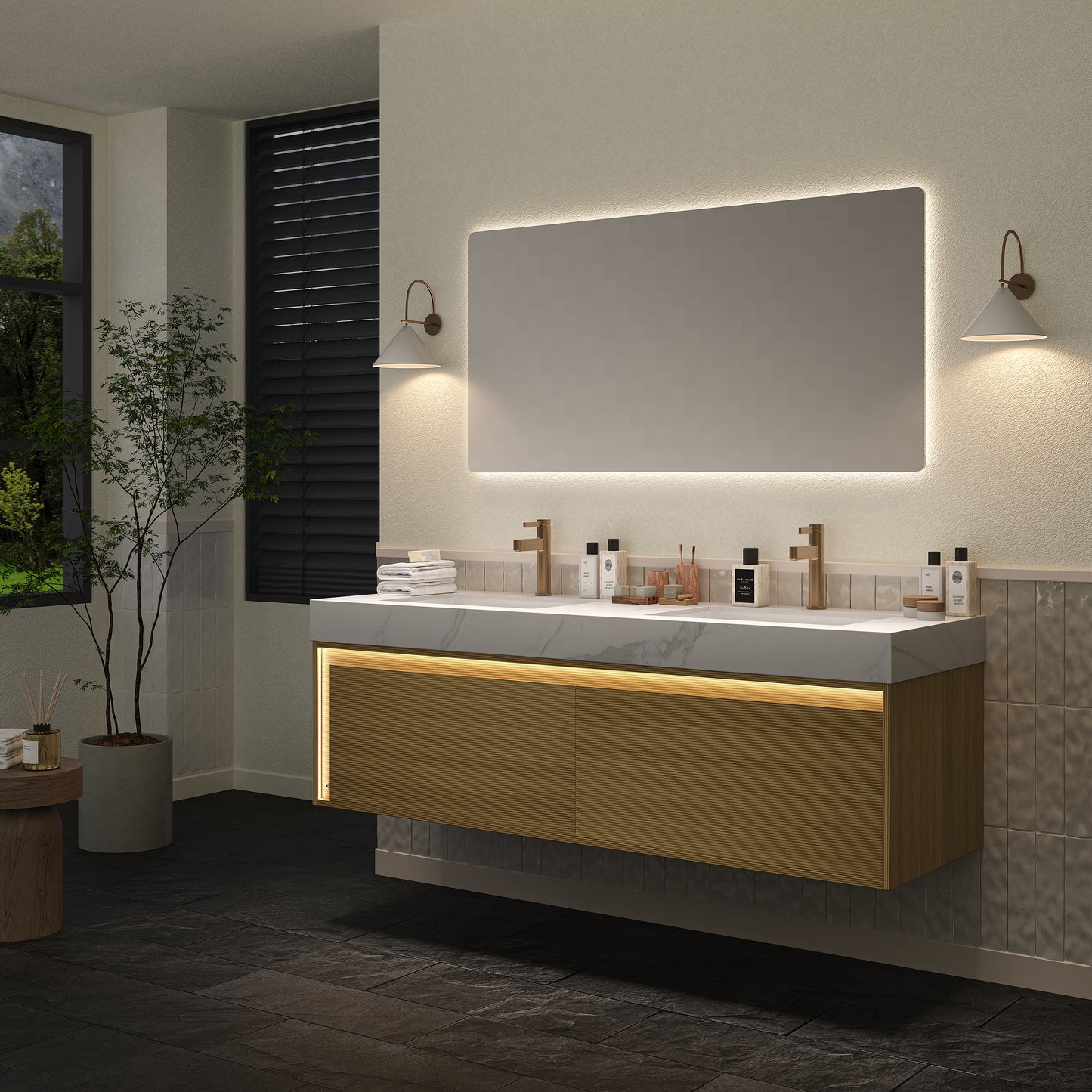 NYAH 60'' Bathroom Vanity&Sinks, Floating Ultra-Slim Grille Plywood Storage Cabinet, Carrara White