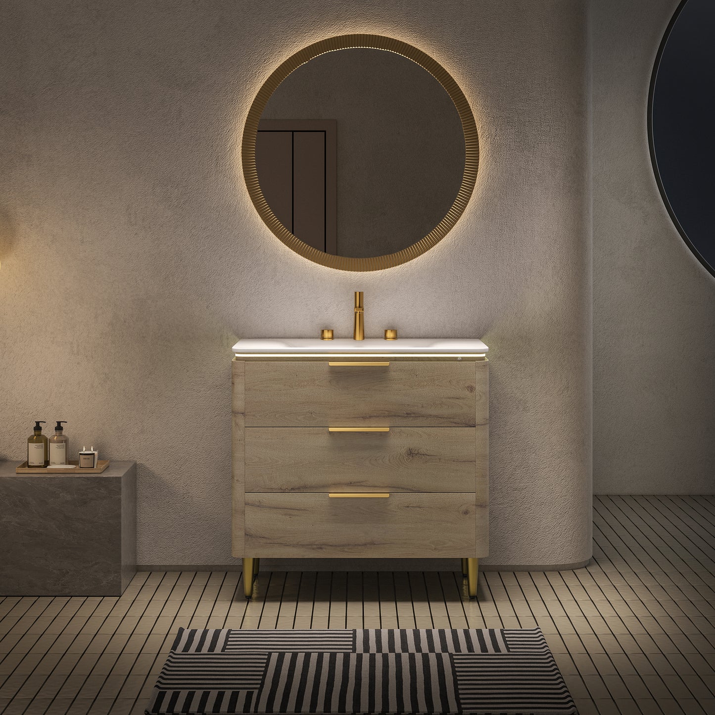 AMARA 36'' Bathroom Vanity with Sink, Freestanding Curved Edges Plywood Bathroom Storage Cabinet with 3 Drawers, Carrara White Sintered Stone Integrated Basin,