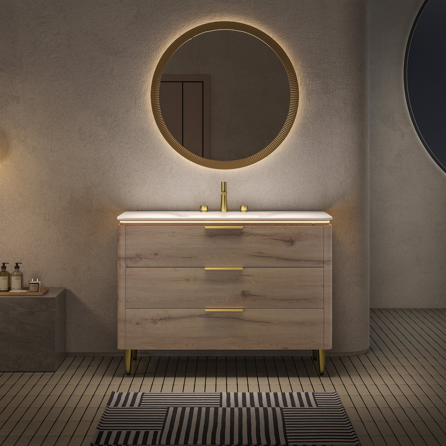 AMARA 36'' Bathroom Vanity with Sink, Freestanding Curved Edges Plywood Bathroom Storage Cabinet with 3 Drawers, Carrara White Sintered Stone Integrated Basin,