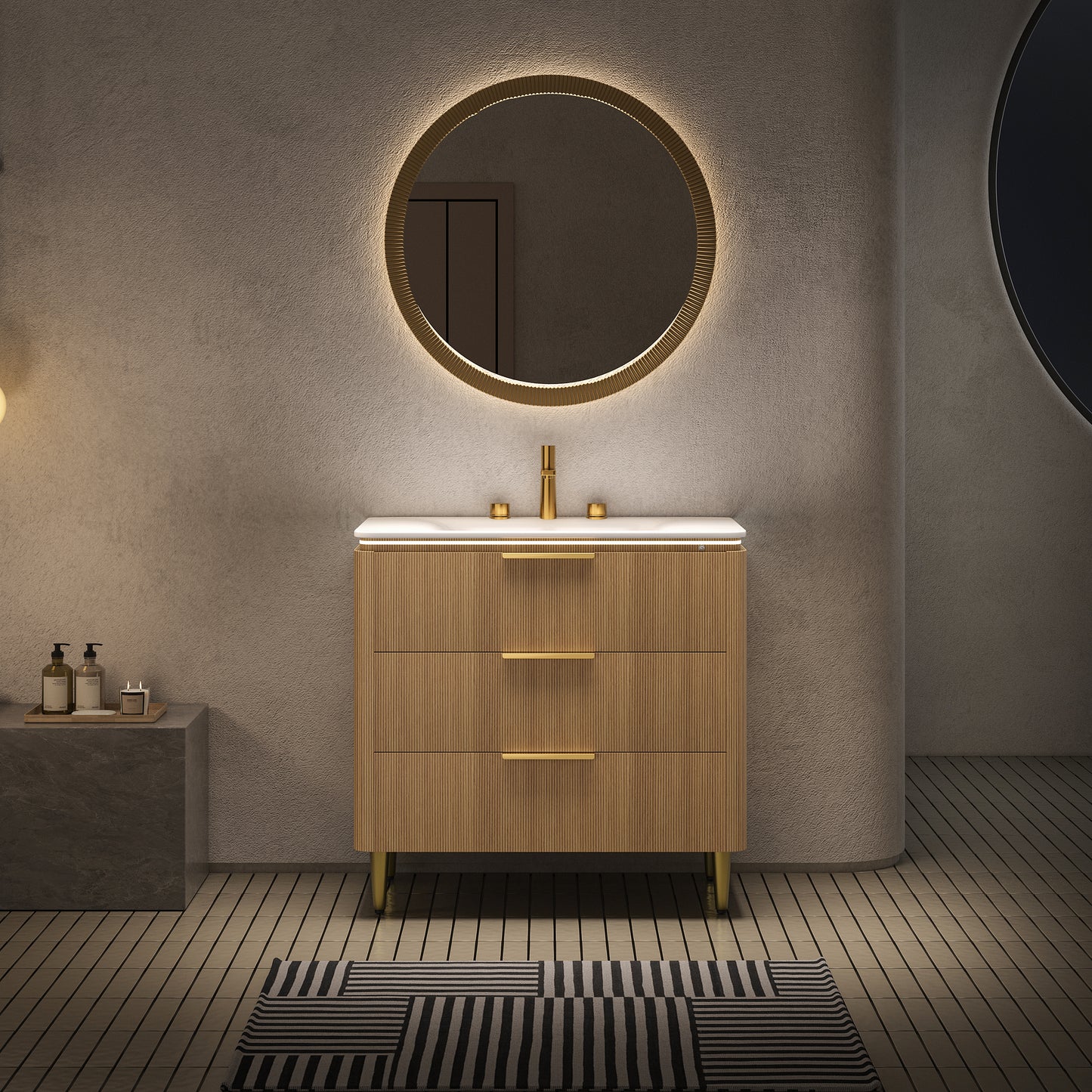 AMARA 36'' Bathroom Vanity&Sink, Freestanding Curved Edges Ultra-Slim Grille Plywood Storage Cabinet, 3 Drawers, Carrara White Sintered Stone Integrated Basin