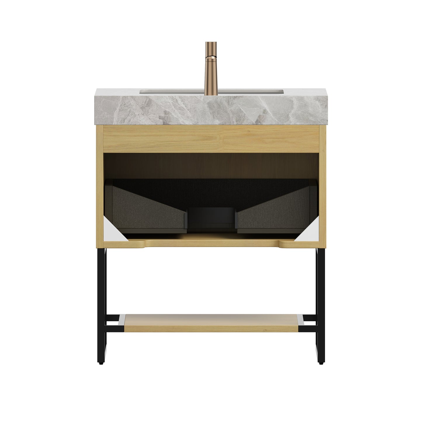 YOLAN 30" Bathroom Vanity&Sink, Freestanding Striped Plywood Storage Cabinet with Drawer&Open Shelf, Light Gray Sintered Stone Top&Undermount Ceramic Basin