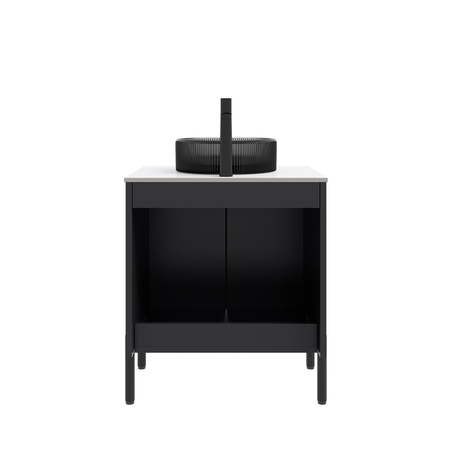 TURIO 24" Bathroom Vanity with Sink, Freestanding Bathroom Storage Cabinet with 2 Doors, Transparent Black Round Glass Basin and Carrara White Sintered Stone Countertop, No Faucet, Black Color