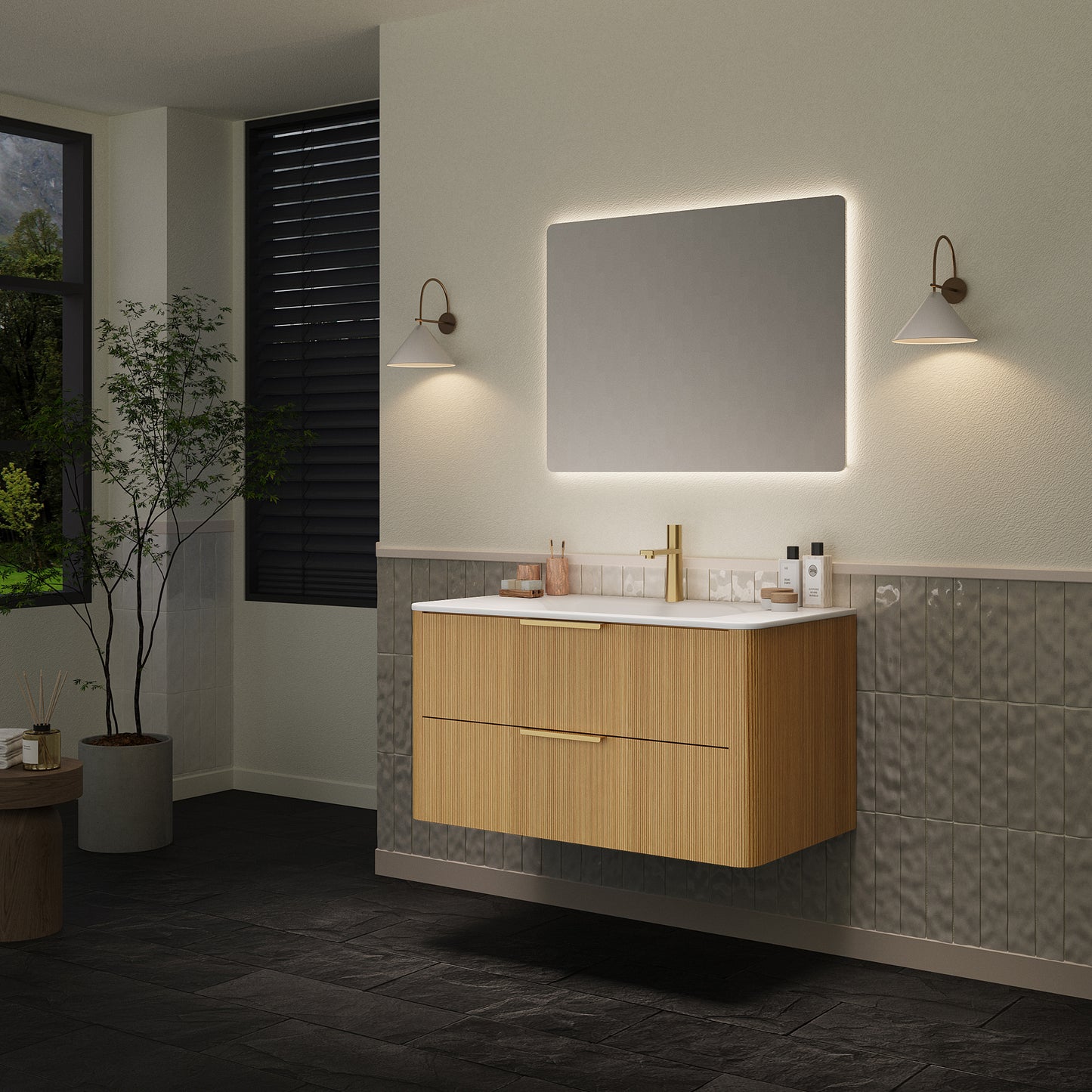 ZANE 36" Badezimmer-Waschtisch mit Waschbecken, schwebender Aufbewahrungsschrank aus Sperrholz mit ultra-Nadelstreifen und Schubladen, helle natürliche Holzmaserung