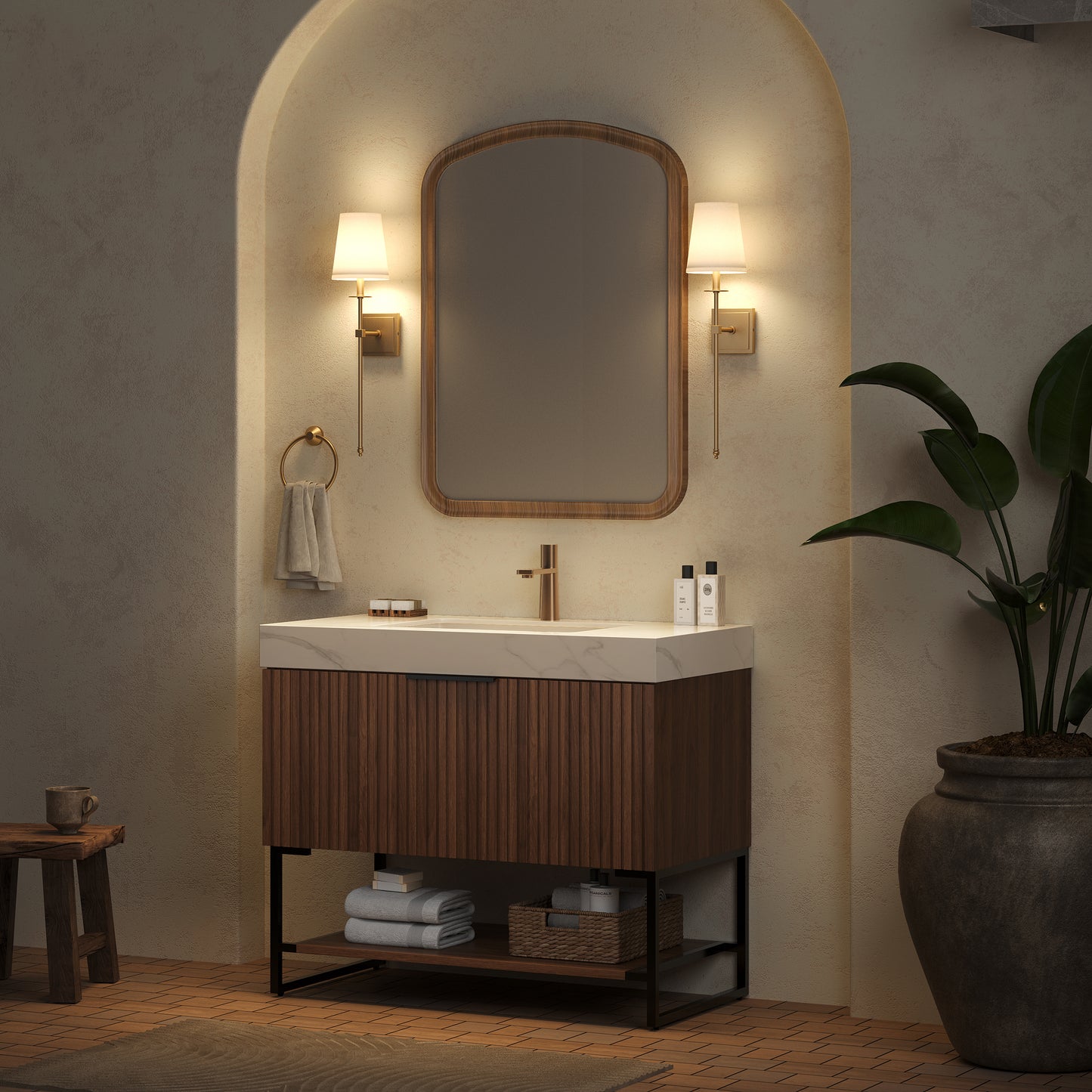 YOLAN 36" Badezimmer-Waschtisch und Waschbecken, freistehender gestreifter Sperrholz-Aufbewahrungsschrank mit Schublade und offenem Regal, Carrara-Weiß,