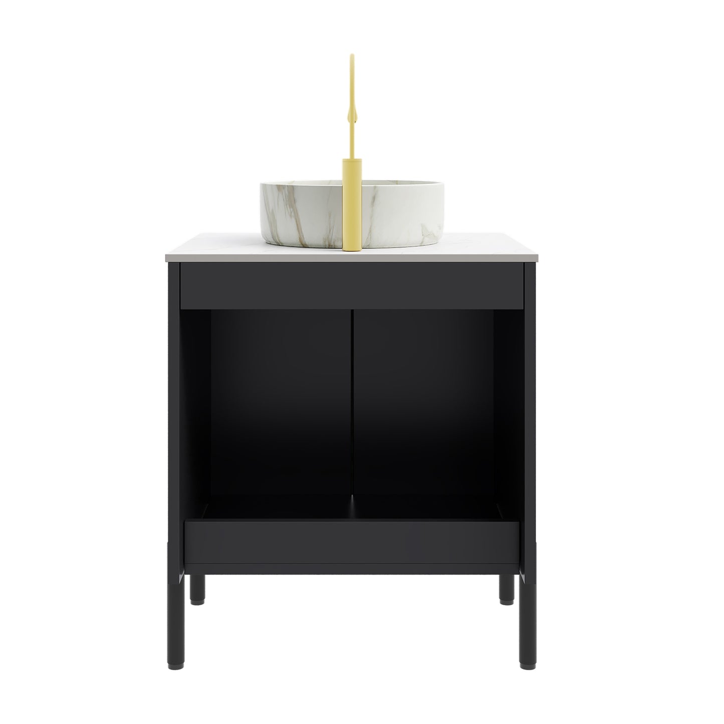 TURIO 24" Bathroom Vanity with Sink, Freestanding Bathroom Storage Cabinet with 2 Doors, Transparent Black Round Glass Basin and Carrara White Sintered Stone Countertop, No Faucet, Black Color