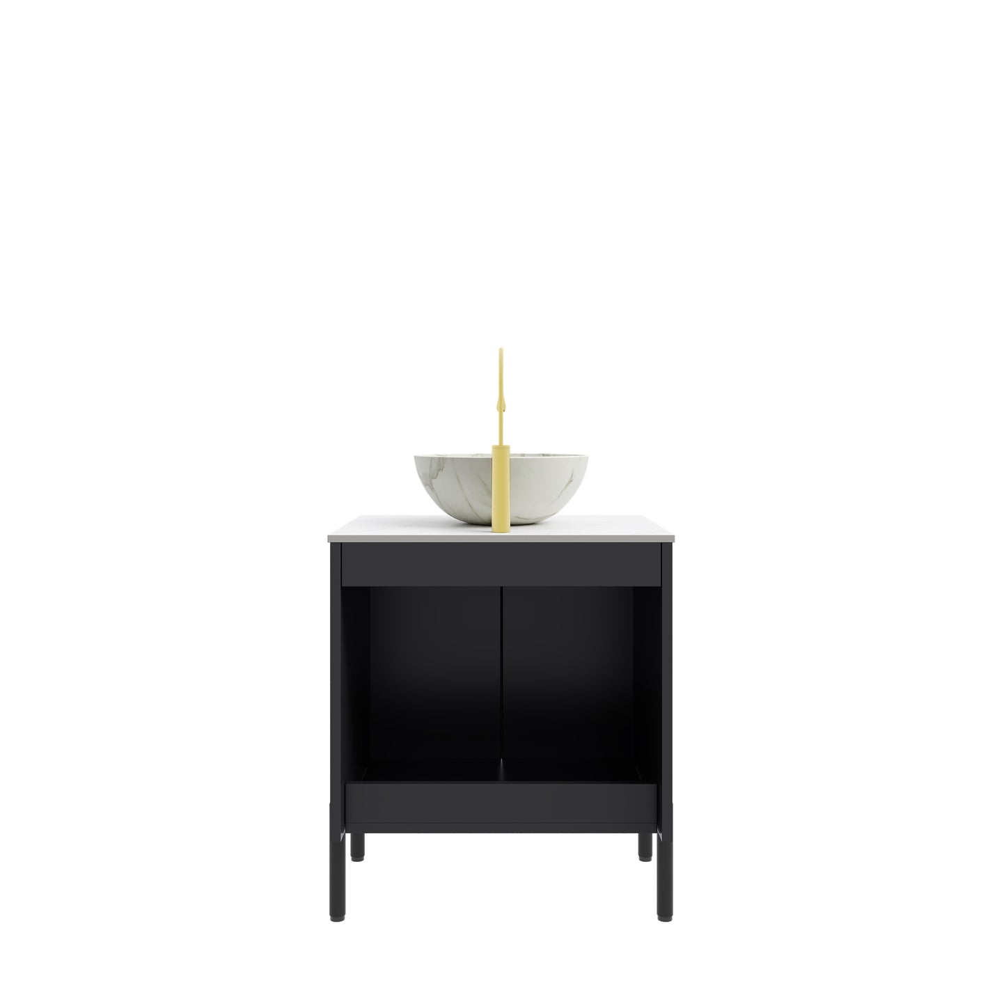 TURIO 24" Bathroom Vanity with Sink, Freestanding Bathroom Storage Cabinet with 2 Doors, Transparent Black Round Glass Basin and Carrara White Sintered Stone Countertop, No Faucet, Black Color