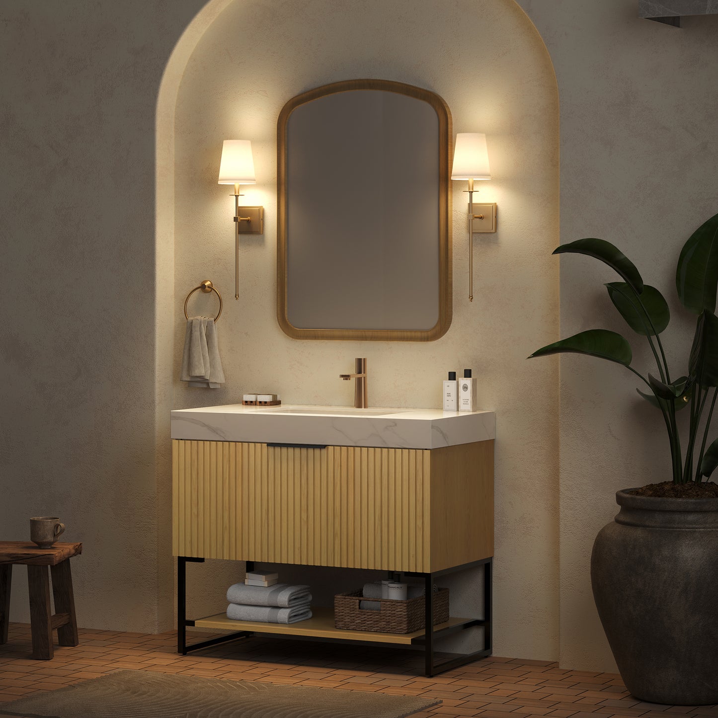 YOLAN 36" Badezimmer-Waschtisch und Waschbecken, freistehender gestreifter Sperrholz-Aufbewahrungsschrank mit Schublade und offenem Regal, Carrara-Weiß, Corolla-Eiche 