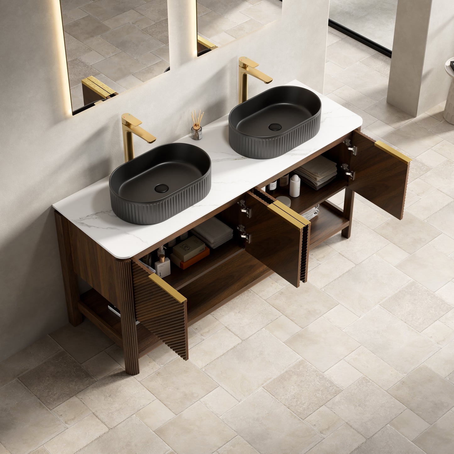 INDIGO 36" Bathroom Vanity&Sink, Freestanding Plywood Storage Cabinet with 2 Diagonal Striped Doors&Open Shelf, Black Striped Oval Ceramic Basin&Carrara White Sintered Stone Top, Dark Walnut Woodgrain