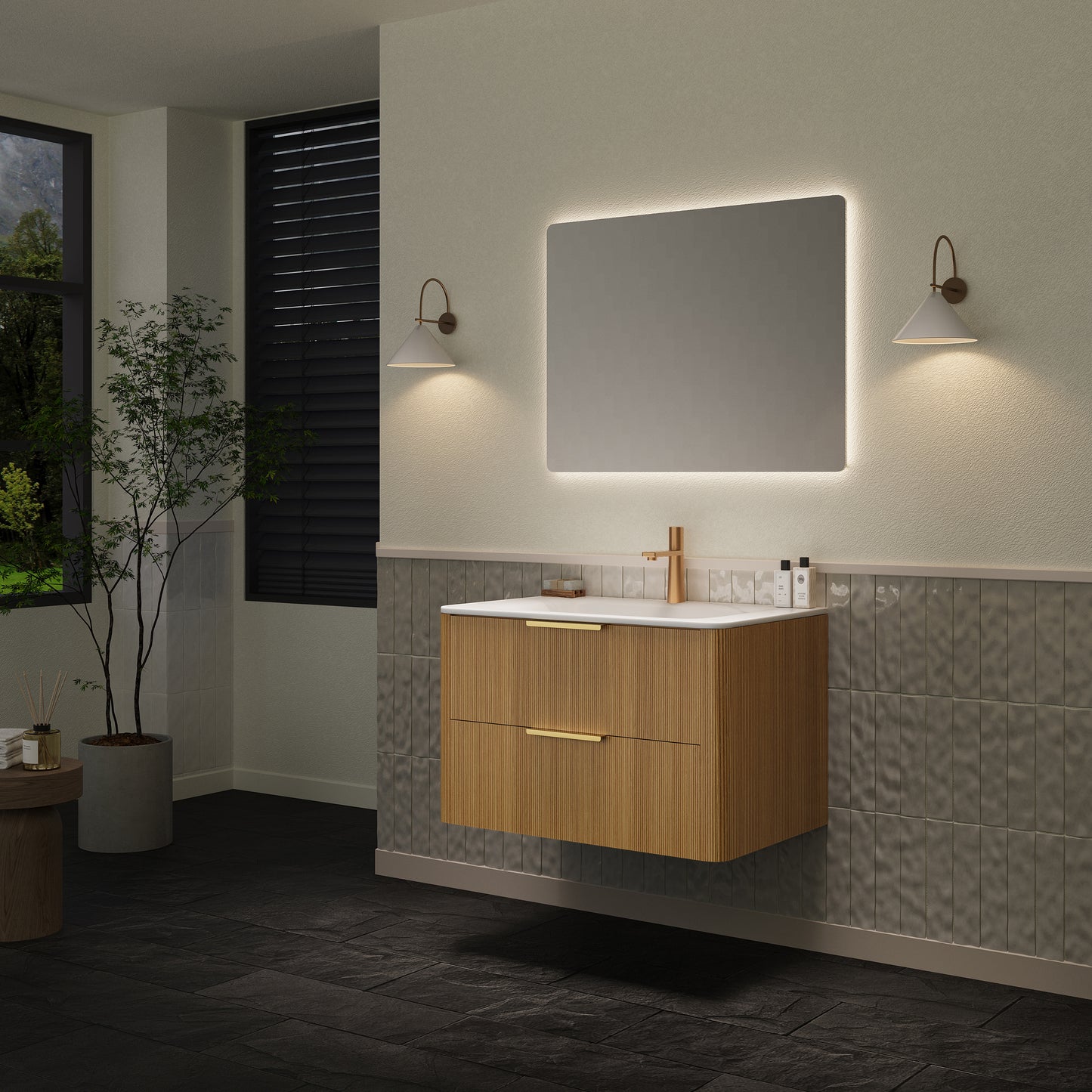 ZANE 36" Badezimmer-Waschtisch mit Waschbecken, schwebender Aufbewahrungsschrank aus Sperrholz mit ultra-Nadelstreifen und Schubladen, helle natürliche Holzmaserung