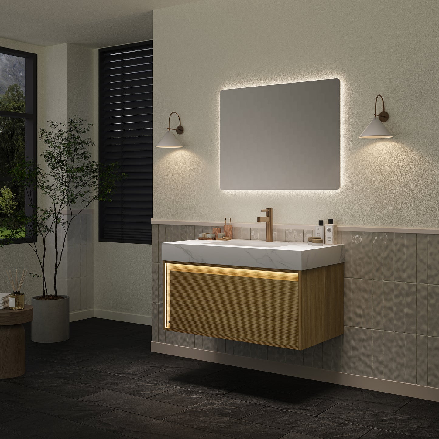 NYAH 60'' Bathroom Vanity&Sinks, Floating Ultra-Slim Grille Plywood Storage Cabinet, Carrara White