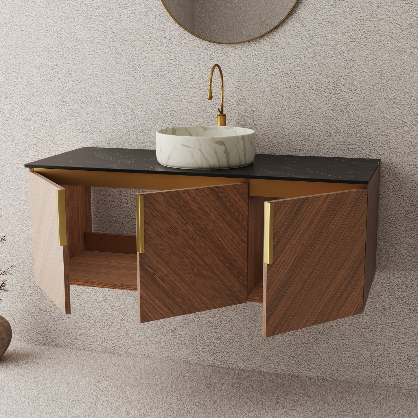 ARAI 36" Bathroom Vanity&Sink, Wall-Mounted Plywood Bathroom Storage Cabinet with Double Doors, Black Sintered Stone Countertop&White Round Ceramic Basin with Stone Pattern, Brown Oak Woodgrain Color