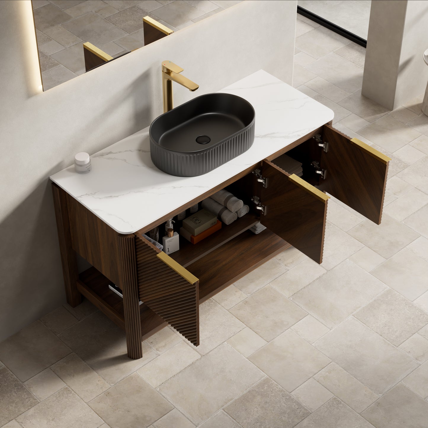 INDIGO 36" Bathroom Vanity&Sink, Freestanding Plywood Storage Cabinet with 2 Diagonal Striped Doors&Open Shelf, Black Striped Oval Ceramic Basin&Carrara White Sintered Stone Top, Dark Walnut Woodgrain