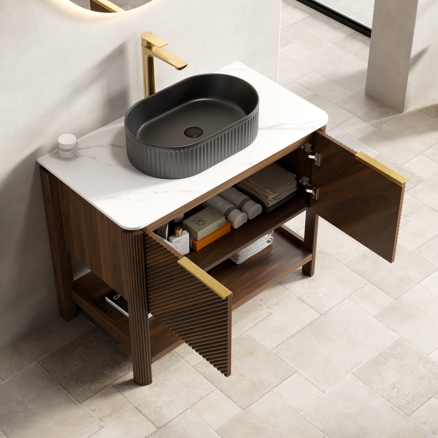 INDIGO 36" Bathroom Vanity&Sink, Freestanding Plywood Storage Cabinet with 2 Diagonal Striped Doors&Open Shelf, Black Striped Oval Ceramic Basin&Carrara White Sintered Stone Top, Dark Walnut Woodgrain