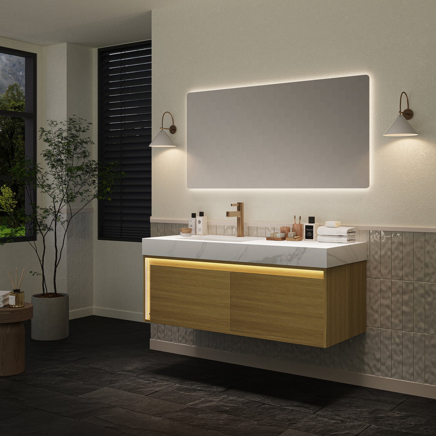 NYAH 60'' Bathroom Vanity&Sinks, Floating Ultra-Slim Grille Plywood Storage Cabinet, Carrara White