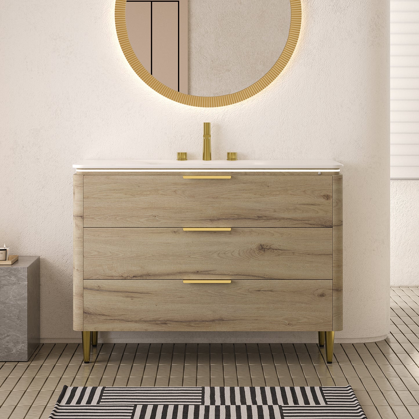 AMARA 36'' Bathroom Vanity with Sink, Freestanding Curved Edges Plywood Bathroom Storage Cabinet with 3 Drawers, Carrara White Sintered Stone Integrated Basin,