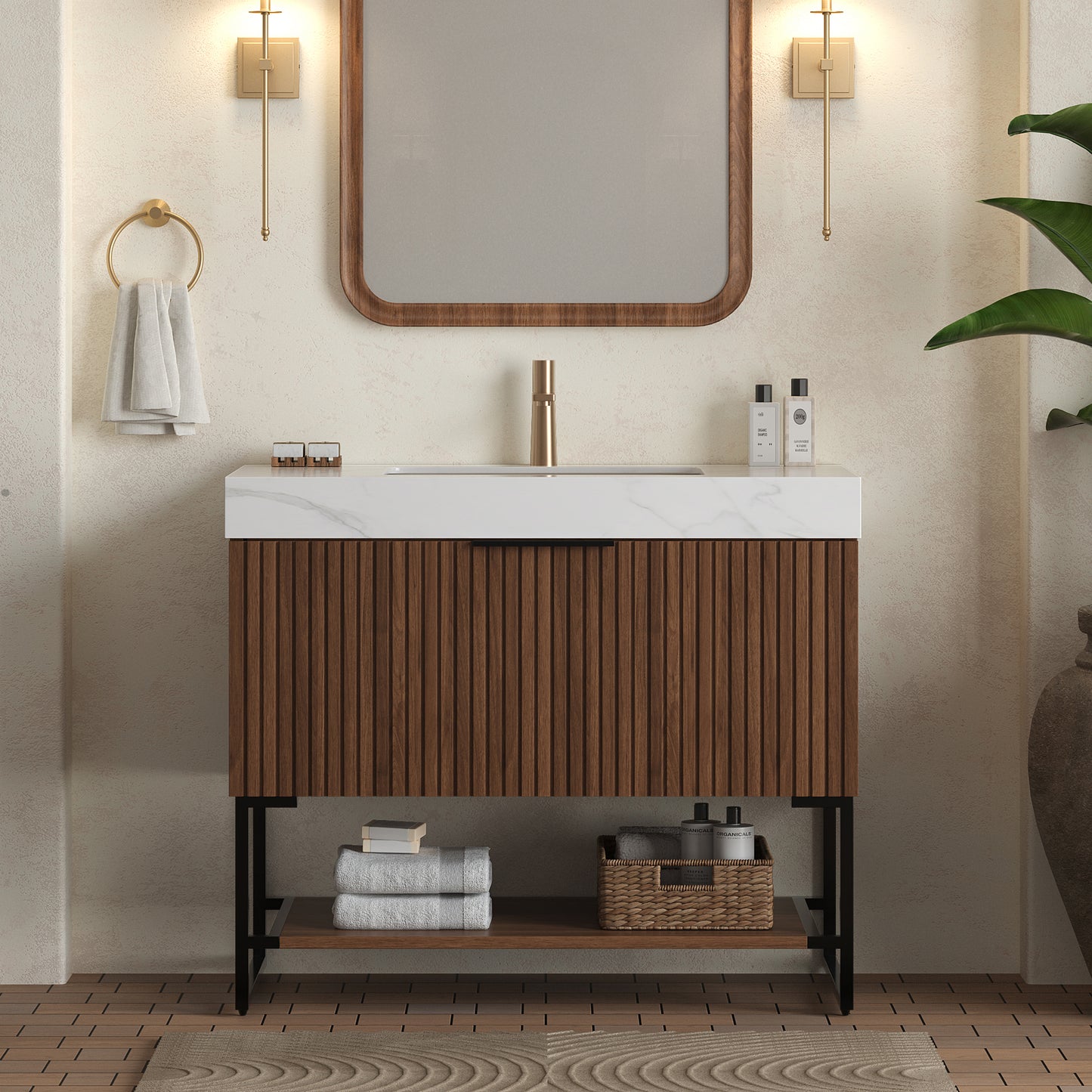 YOLAN 36" Badezimmer-Waschtisch und Waschbecken, freistehender gestreifter Sperrholz-Aufbewahrungsschrank mit Schublade und offenem Regal, Carrara-Weiß,