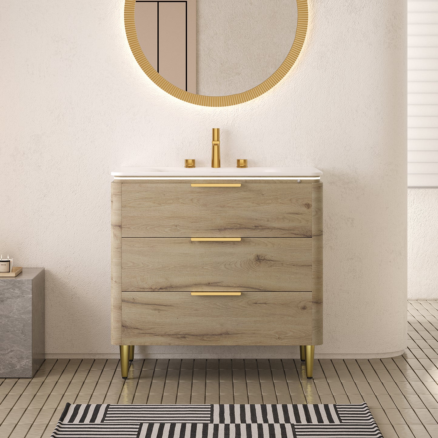 AMARA 36'' Bathroom Vanity with Sink, Freestanding Curved Edges Plywood Bathroom Storage Cabinet with 3 Drawers, Carrara White Sintered Stone Integrated Basin,