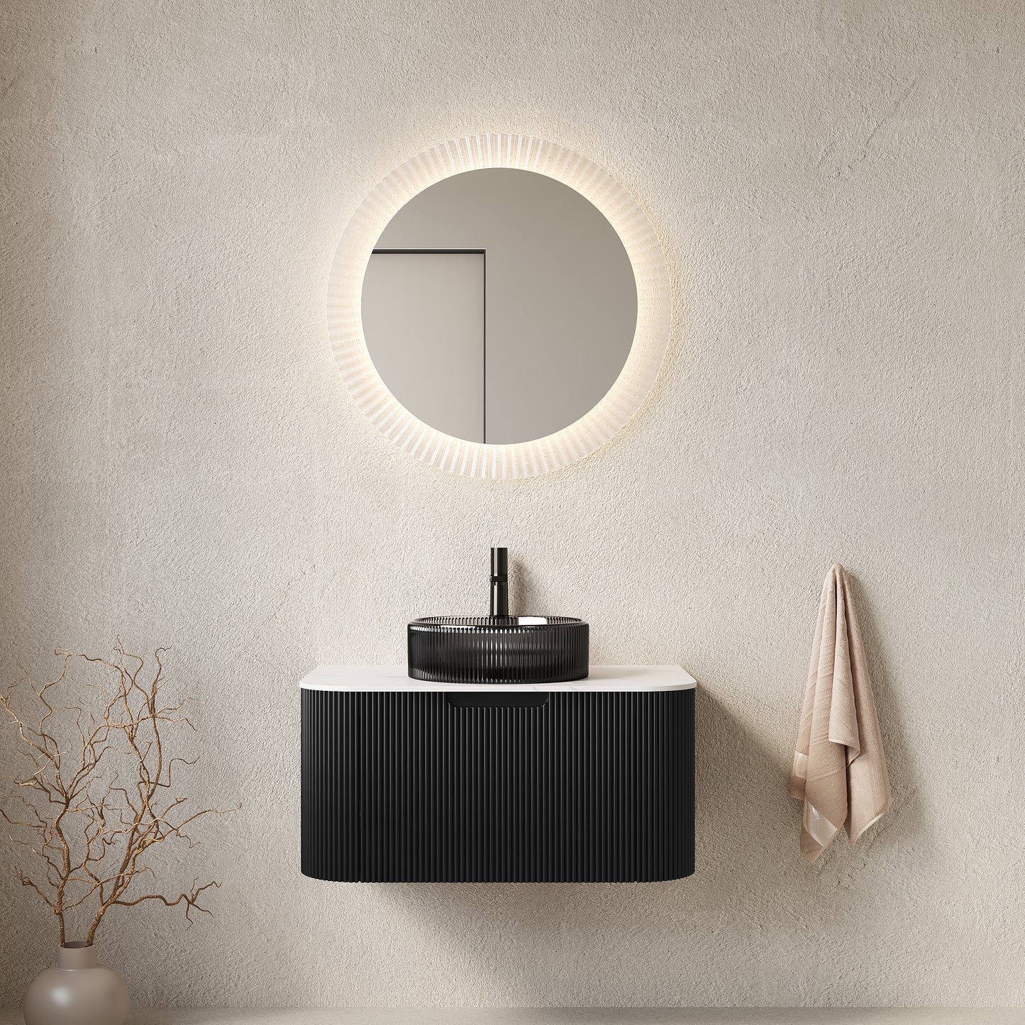 DINA 24" Bathroom Vanity with Sink, Wall-Mounted Curved Edges Striped Storage Cabinet with Drawer, Transparent Black Round Glass Basin and Countertop, Pre-assembled, Black Color