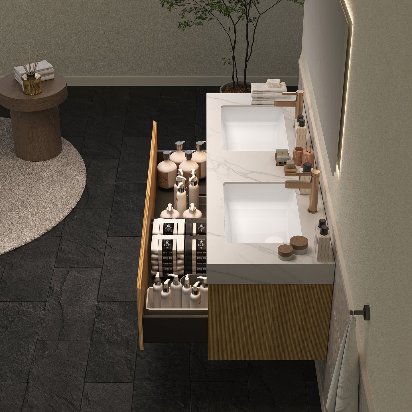 NYAH 60'' Bathroom Vanity&Sinks, Floating Ultra-Slim Grille Plywood Storage Cabinet, Carrara White