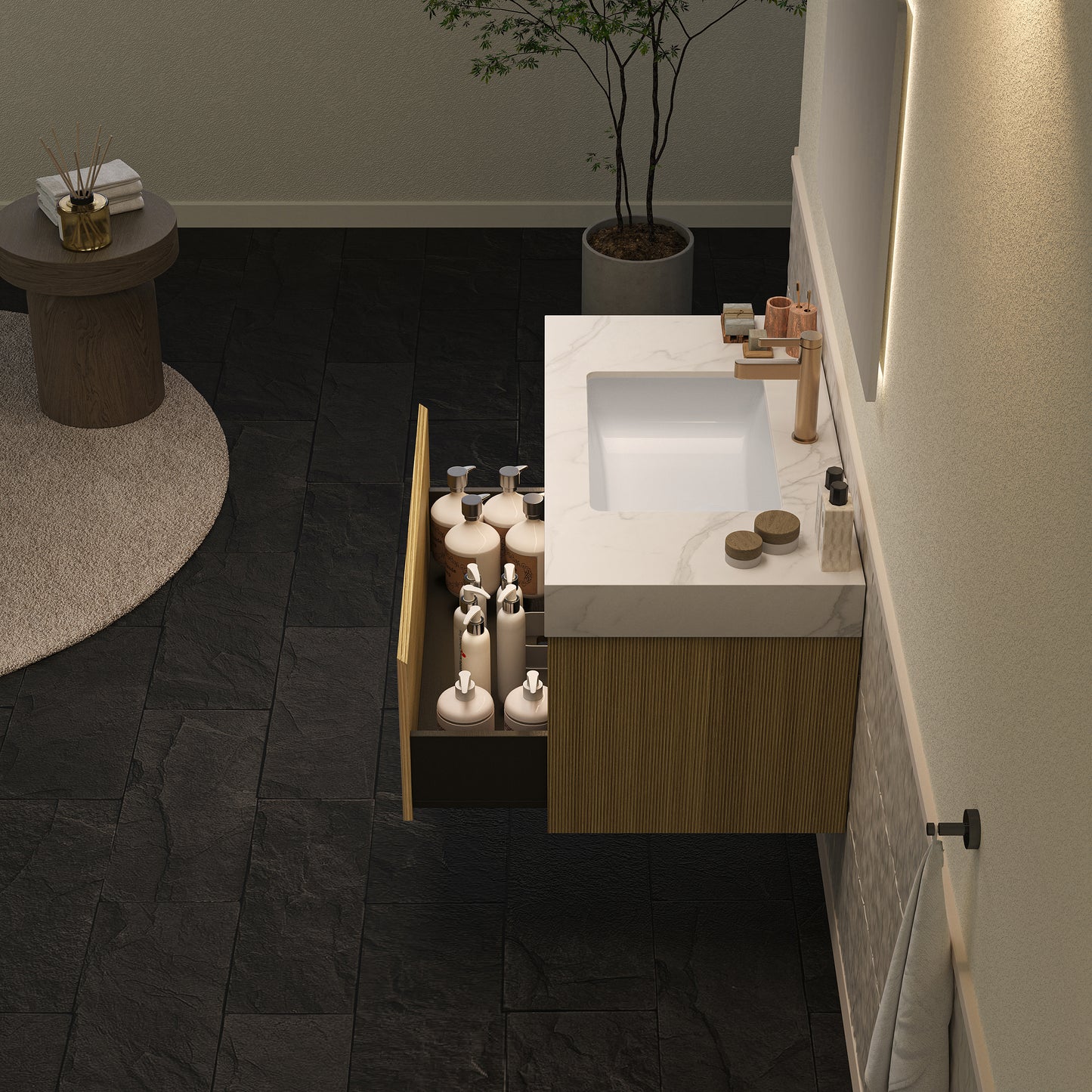 NYAH 60'' Bathroom Vanity&Sinks, Floating Ultra-Slim Grille Plywood Storage Cabinet, Carrara White