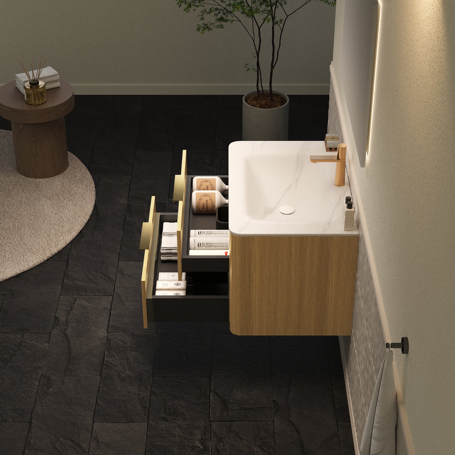 ZANE 36" Badezimmer-Waschtisch mit Waschbecken, schwebender Aufbewahrungsschrank aus Sperrholz mit ultra-Nadelstreifen und Schubladen, helle natürliche Holzmaserung