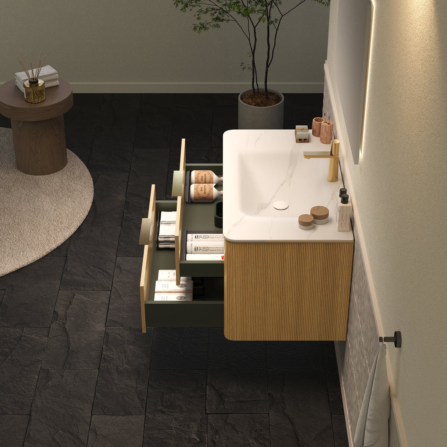 ZANE 36" Badezimmer-Waschtisch mit Waschbecken, schwebender Aufbewahrungsschrank aus Sperrholz mit ultra-Nadelstreifen und Schubladen, helle natürliche Holzmaserung