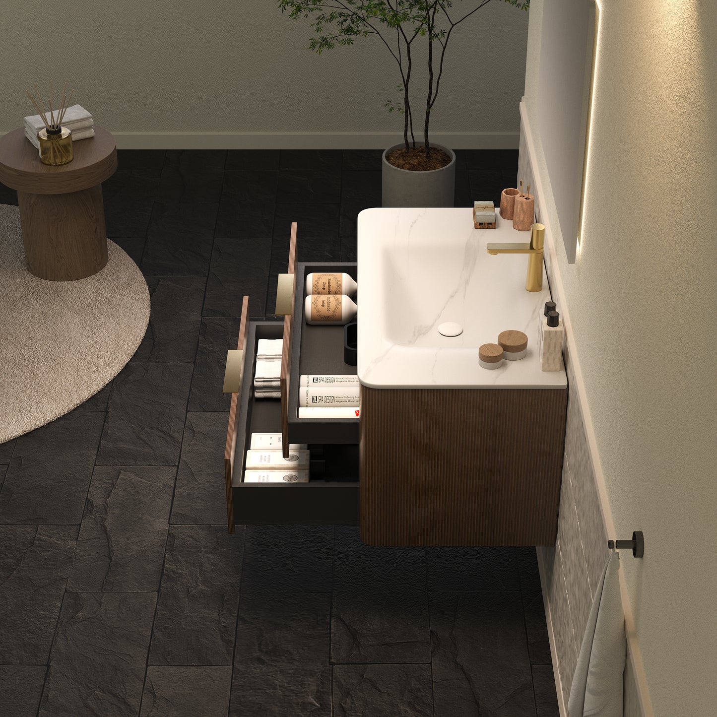 ZANE 30 Badezimmer-Waschtisch mit Waschbecken, schwebender Aufbewahrungsschrank aus Sperrholz mit ultra-Nadelstreifen und Schubladen, italienische Walnussholzmaserung