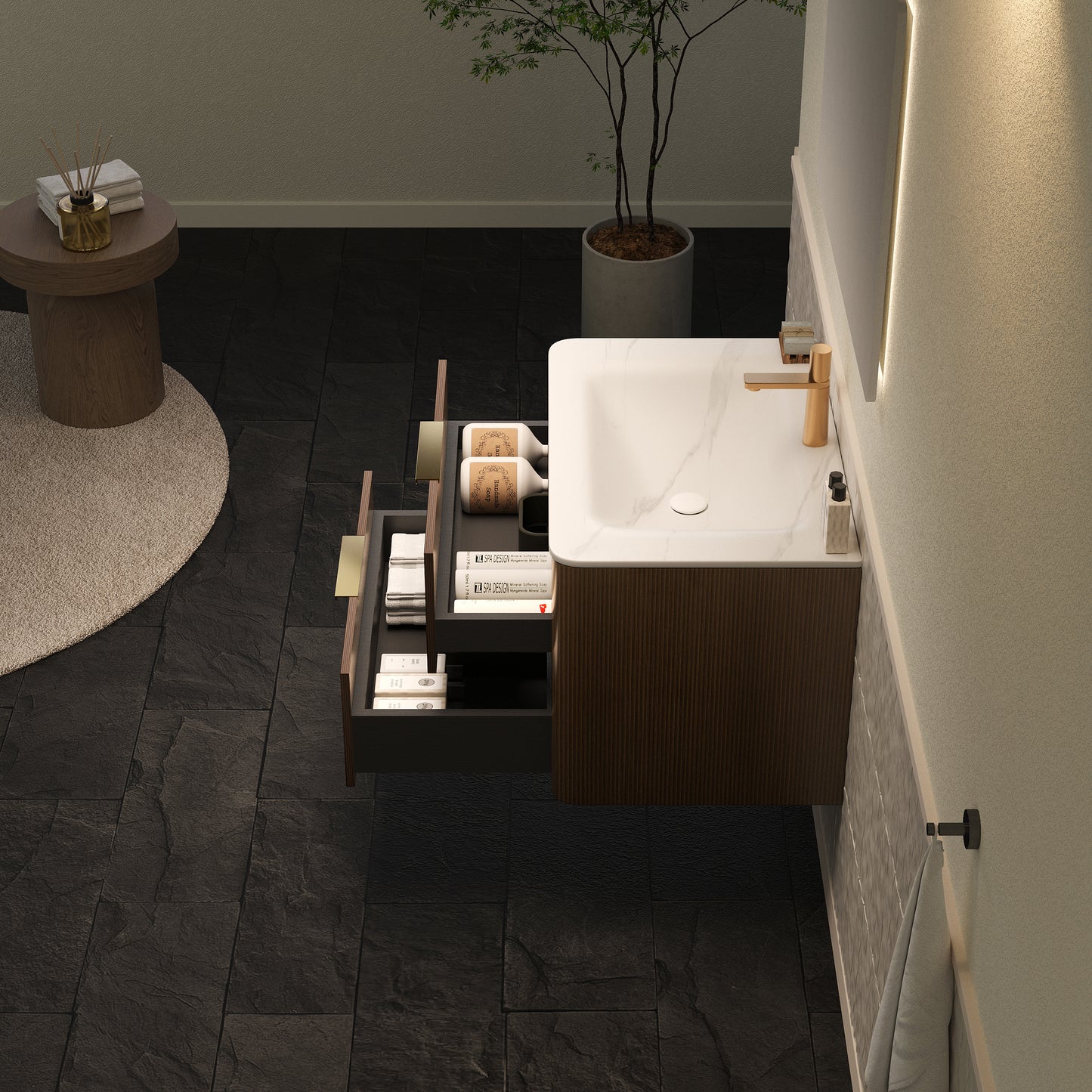 ZANE 30 Badezimmer-Waschtisch mit Waschbecken, schwebender Aufbewahrungsschrank aus Sperrholz mit ultra-Nadelstreifen und Schubladen, italienische Walnussholzmaserung