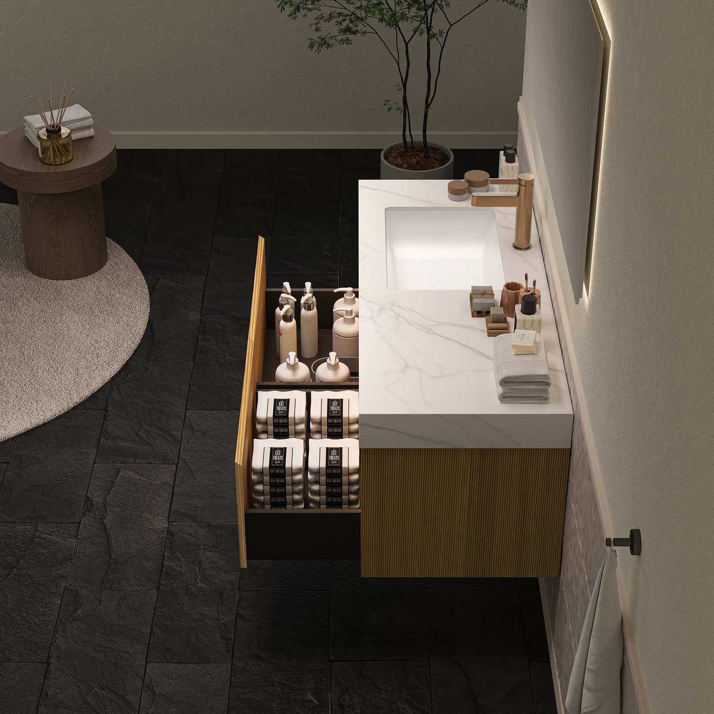 NYAH 60'' Bathroom Vanity&Sinks, Floating Ultra-Slim Grille Plywood Storage Cabinet, Carrara White