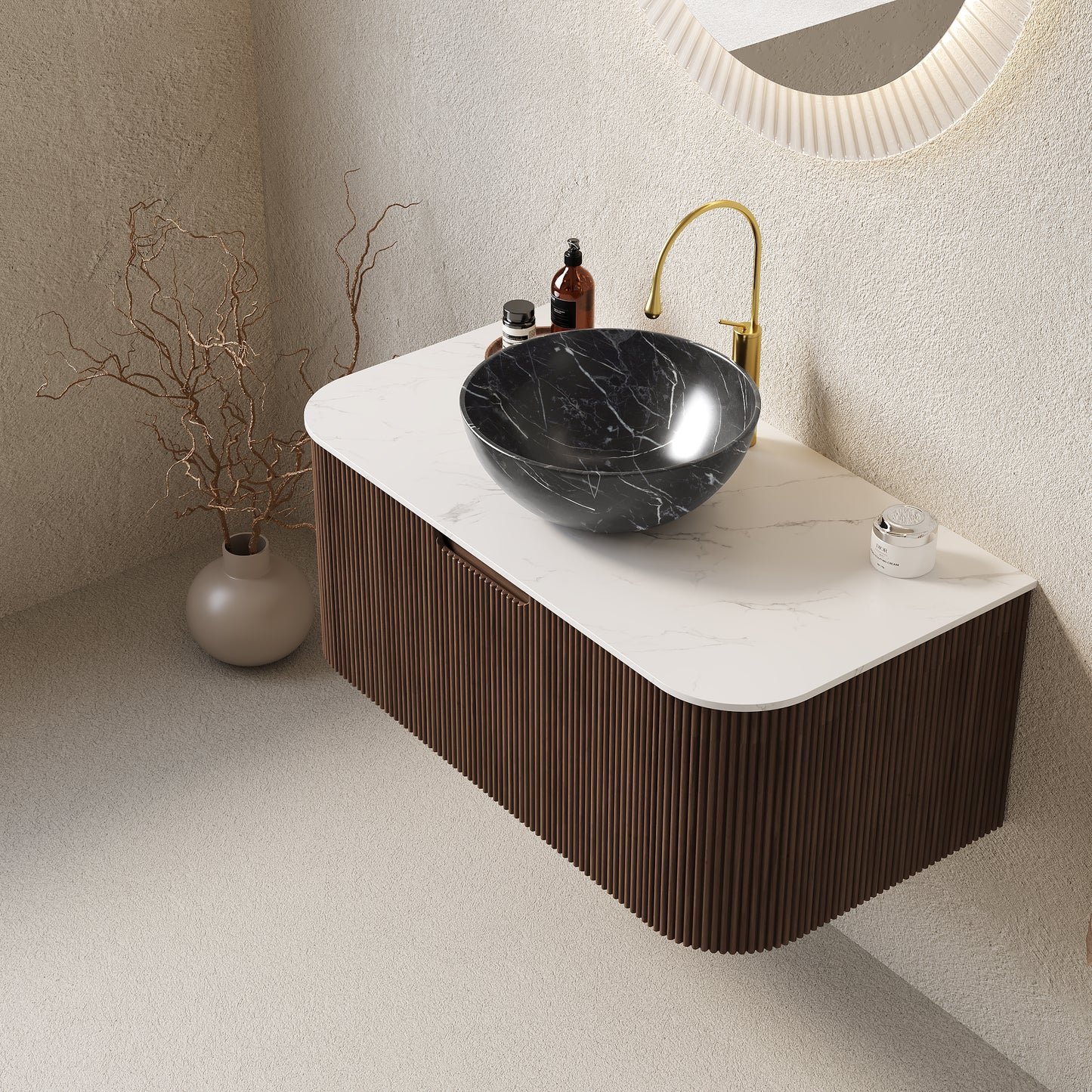 DINA Bathroom Vanity with Sink, Wall-Mounted Curved Edges Striped Bathroom Storage Cabinet Walnut Woodgrain Color