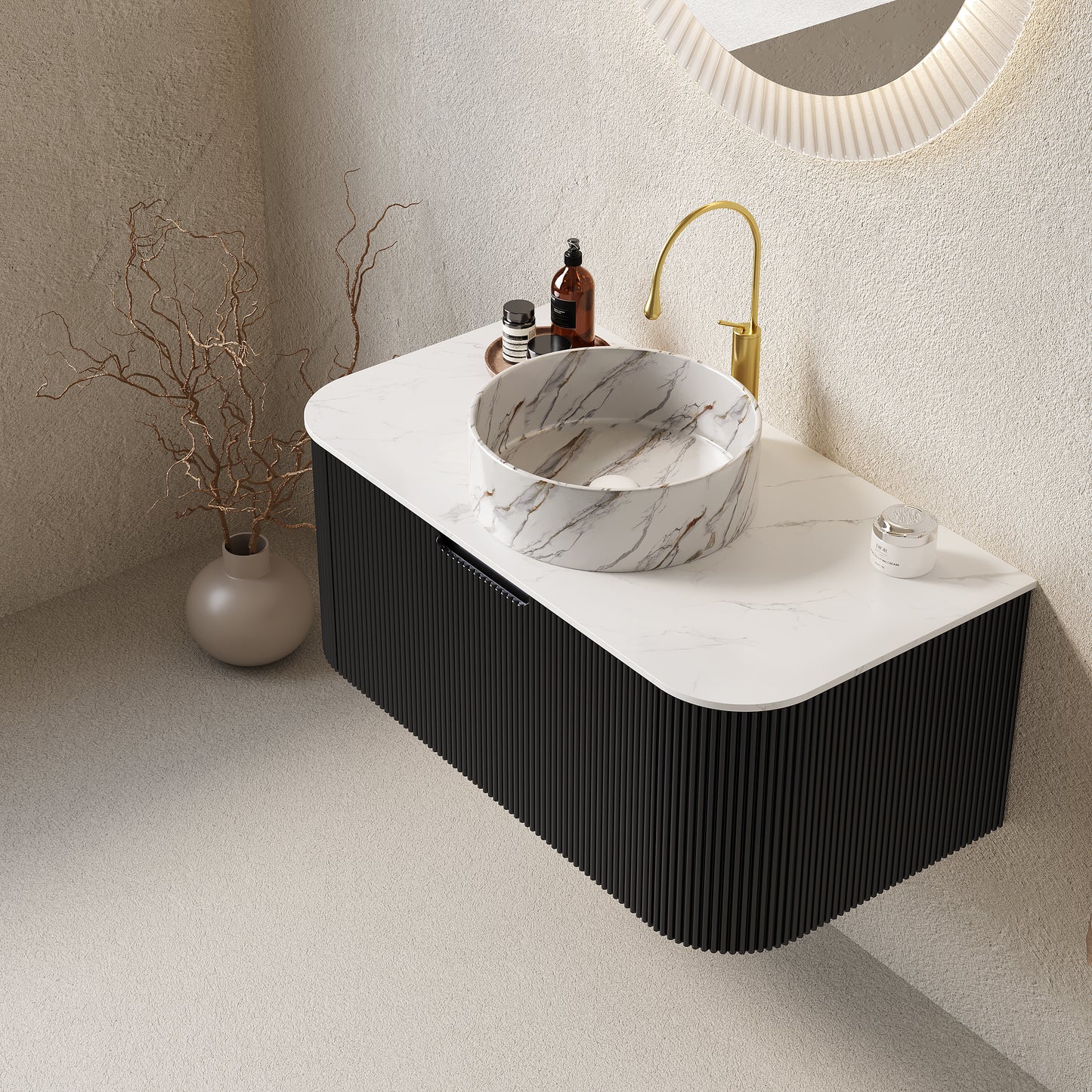 DINA Bathroom Vanity with Sink, Wall-Mounted Curved Edges Striped Storage Cabinet Black Color